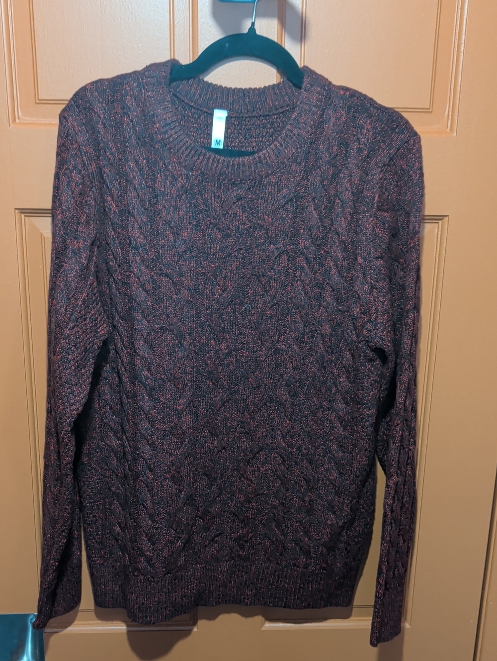 Cable Knit Crewneck Sweater - Burgundy Heather
